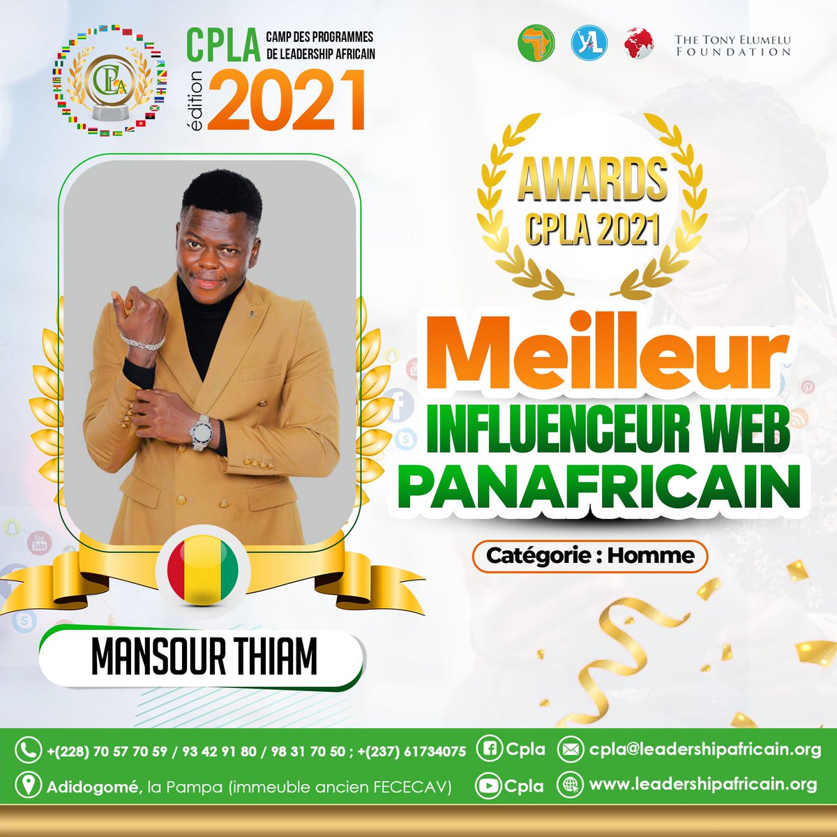 AgenceCauris's tweet image. 🏆 Toutes nos félicitations à Mansour Le Guisen qui a été élu Meilleur Influenceur Web Panafricain aux @cpla_cpla. 

#InfluenceDigital #Influencemarketing 
#CPLA2021 #TeamCauris
