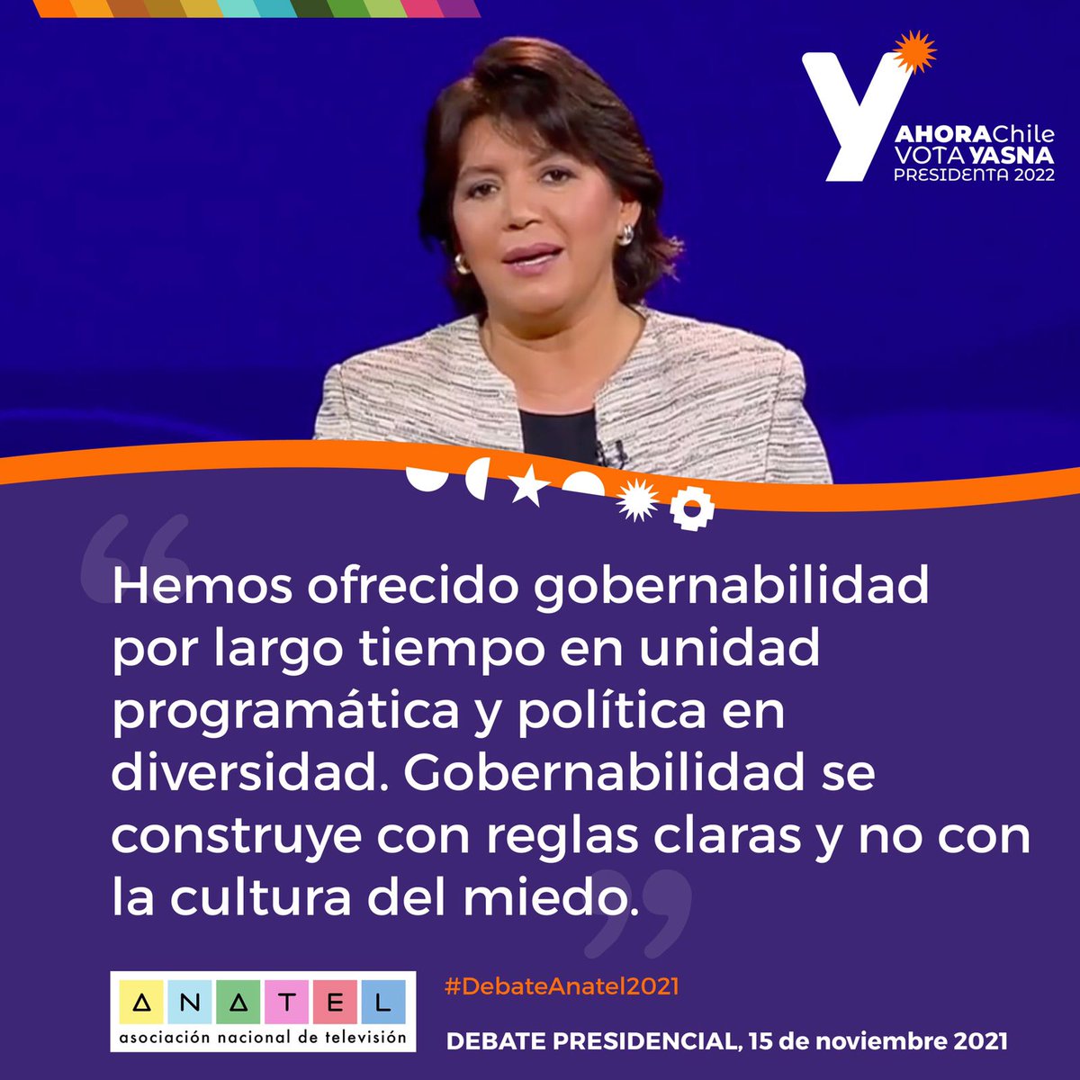 "Hemos ofrecido gobernabilidad por largo tiempo en unidad programática y política en diversidad. Gobernabilidad se construye con reglas claras y no con la cultura del miedo", asegura Yasna Provoste (<a href="/ProvosteYasna/">Yasna Provoste Campillay</a>) en #DebatePresidencial2021
