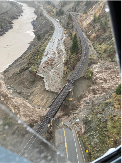 A portion of the Trans-Canada Highway that has collapsed due to flooding in B.C.