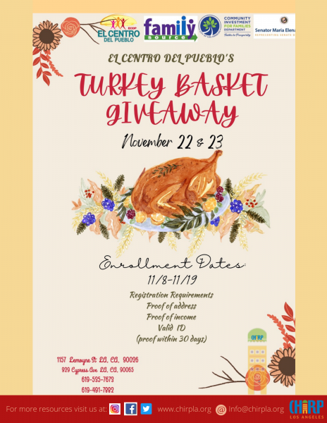 ChirpLosAngeles's tweet photo. El Centro Del Pueblo’s Turkey Basket Giveaway
November 22nd & 23rd.Must provide: Proof of Address, Income and valid ID (Proof within 30 days) Enrollment Dates: 11/08 -11/19 For more information call (619)535-7673 or (619)491-7882 #turkeybasketgiveaway #elcentrodelpueblo #chirpla https://t.co/h3Uxmo1nao