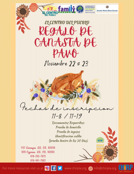 ChirpLosAngeles's tweet photo. El Centro Del Pueblo’s Turkey Basket Giveaway
November 22nd & 23rd.Must provide: Proof of Address, Income and valid ID (Proof within 30 days) Enrollment Dates: 11/08 -11/19 For more information call (619)535-7673 or (619)491-7882 #turkeybasketgiveaway #elcentrodelpueblo #chirpla https://t.co/h3Uxmo1nao
