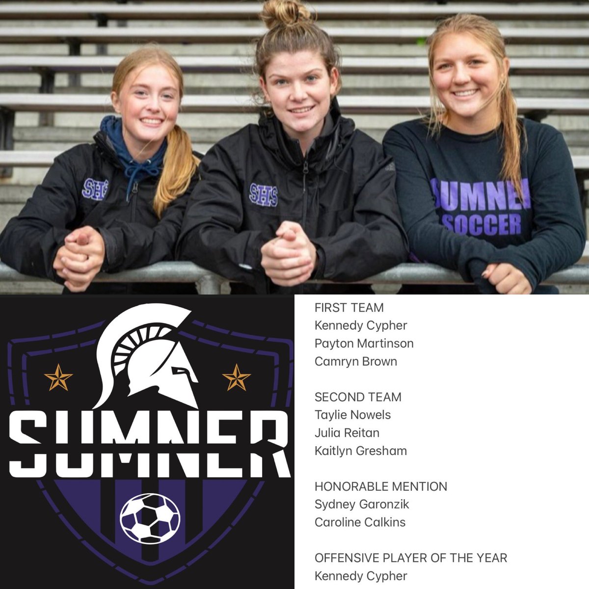 SoccerSpartans's tweet photo. Congrats to the 8 players selected to the SPSL all league teams this season and a big shoutout to Senior captain @kcypher11 for being selected the Offensive MVP💜⚽️💛  #GoSparts https://t.co/v3S61Aoxch