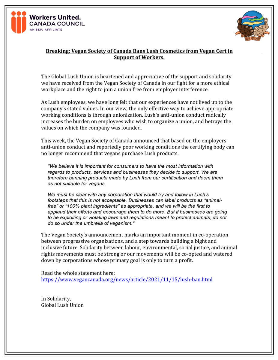 Breaking: Vegan Society of Canada Bans Lush Cosmetics from Vegan Certification in Support of Workers

Read the full statement from the Vegan Society here: 
vegancanada.org/news/article/2…

#veganism #Labour #vegetarian