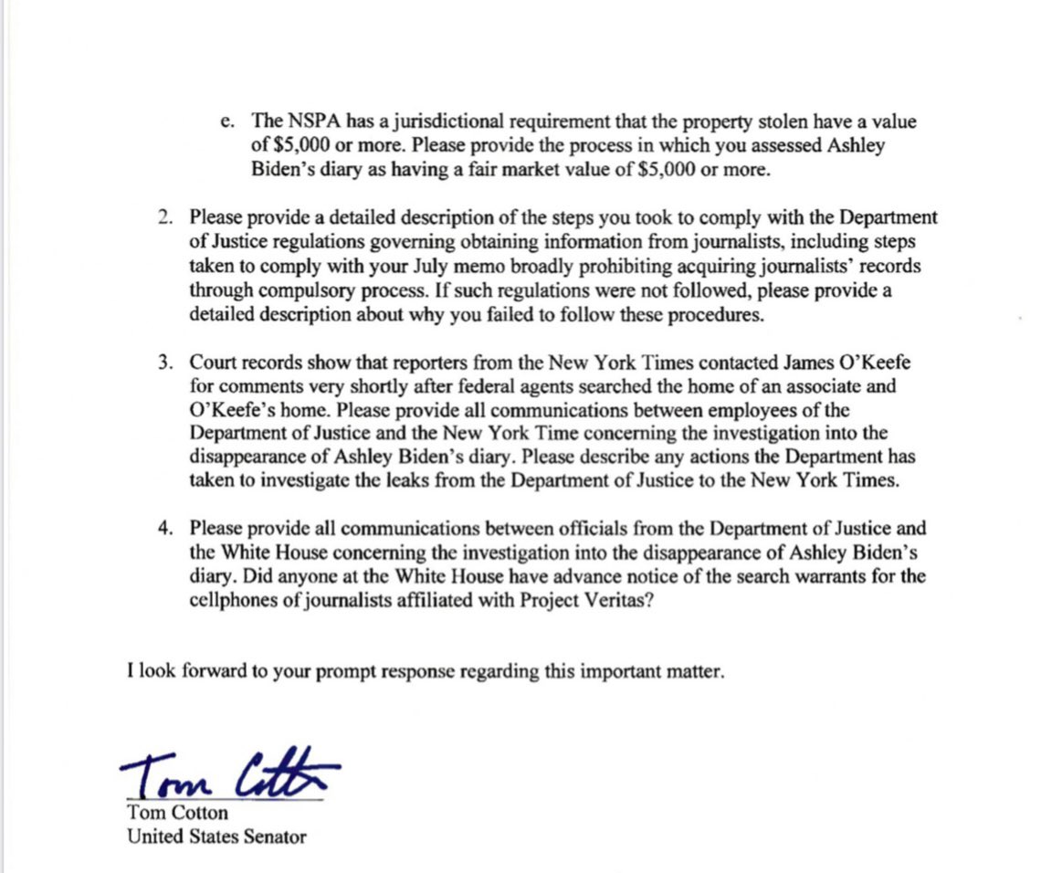👀BREAKING! <a href="/TomCottonAR/">Tom Cotton</a> wrote a 🔥🔥🔥 letter to AG Garland asking some very important questions about how the DOJ decided to show up at a journalist’s home pre-dawn with a battering ram, bright lights, 10 FBI agents, and handcuffs to seize James O’Keefe’s reporter materials! 👁
