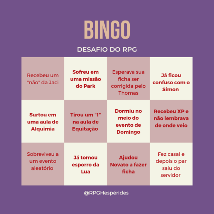 HesperidesRPG's tweet photo. Vamos ressucitar o nosso bingo?! Quem já respondeu coloca aqui embaixo, quem ainda não, tá esperando o que, ein?

#hesperidesrpg #rpg #pjo #hdo #Discord https://t.co/L1QuGCenSe