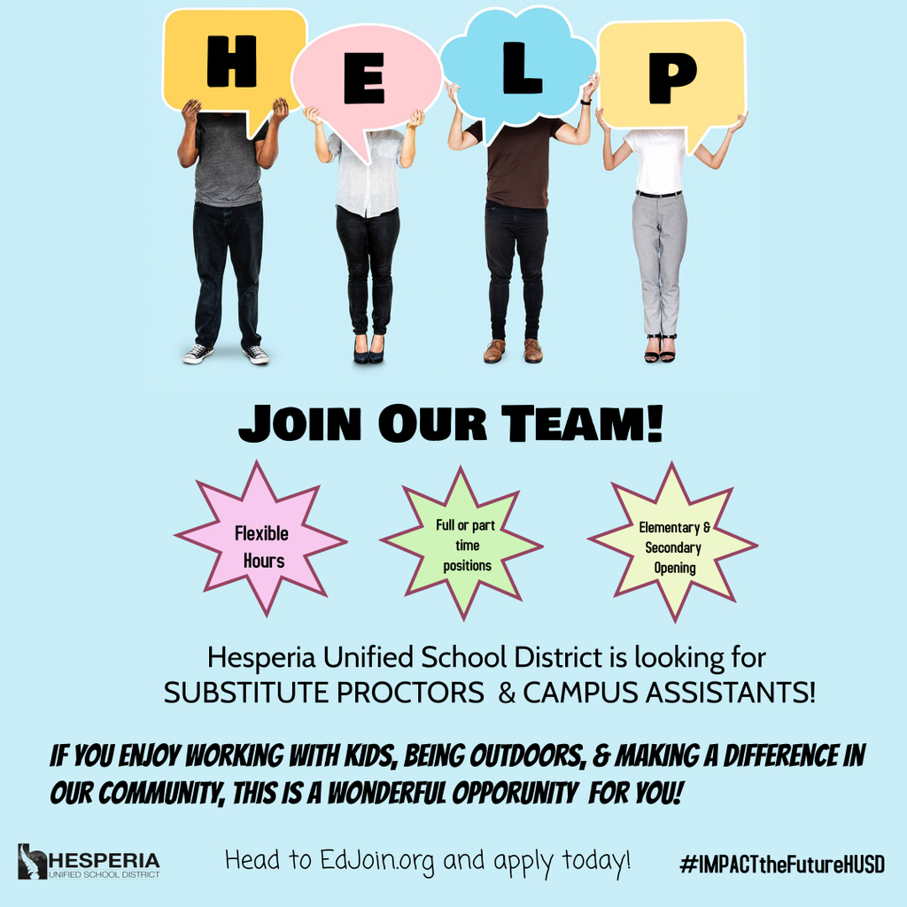 HesperiaUnified's tweet photo. If you enjoy working with kids, being outdoors, &amp; making a difference in our community, this is a wonderful opportunity for you!
Now hiring Substitute Proctors and Campus Assistants
https://t.co/Gl93uI2bZH https://t.co/E6dPKF8DT4