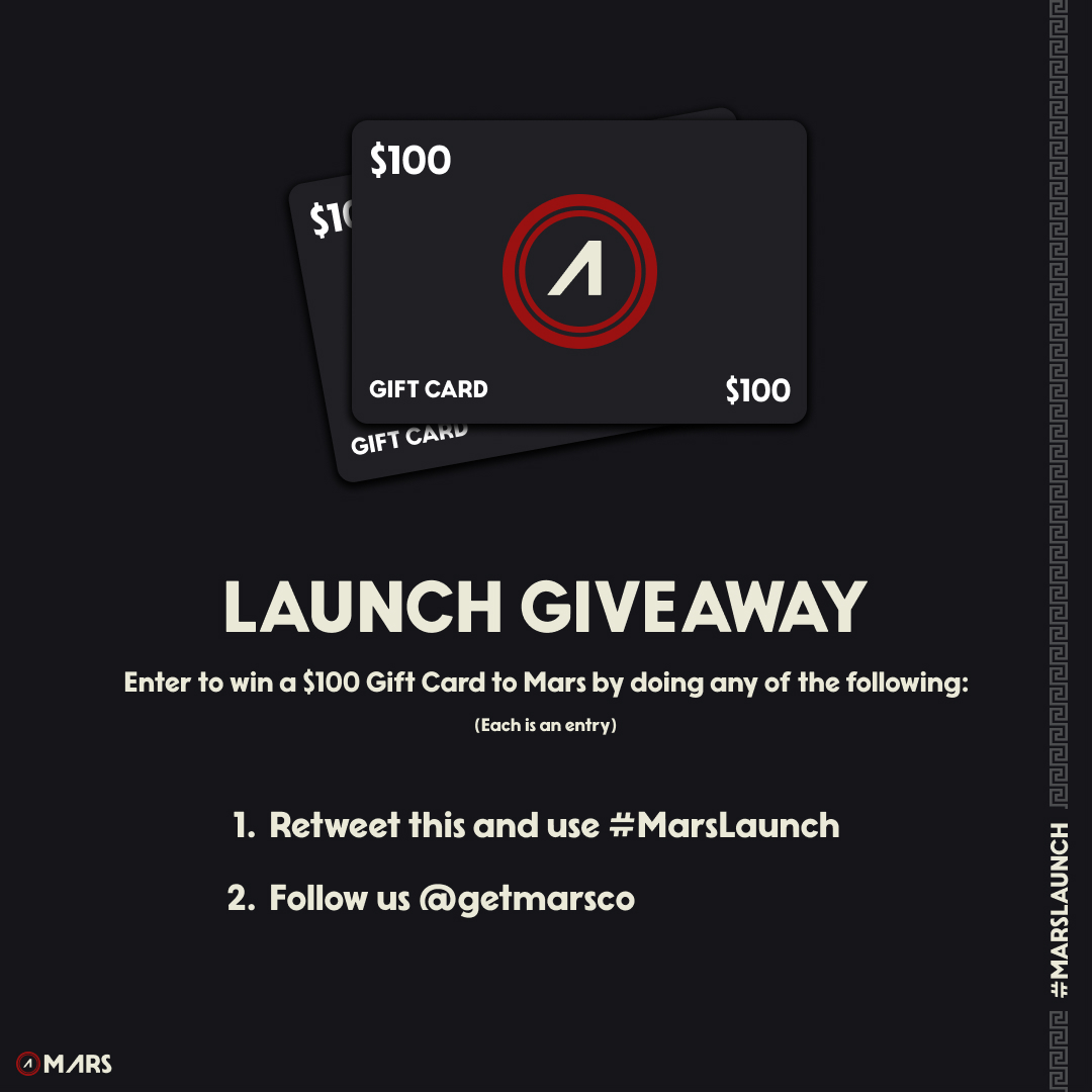 getmarsco's tweet image. Launch Giveaway! 

Enter to win a $100 gift card by retweeting this with #MarsLaunch 

and/or 

giving us a follow! 

More entries can be made on instagram.com/getmarsco