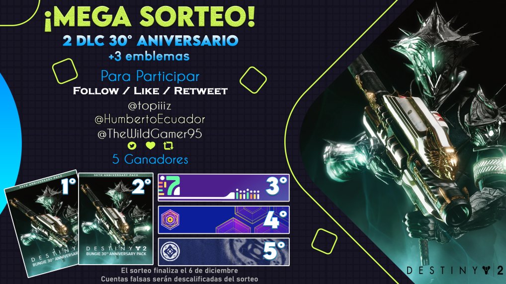 TheWildGamer95's tweet image. 🎊¡NUEVO MEGA SORTEO 30 ANIVERSARIO!🎊

🎁HABRÁ 5 GANADORES:
🥇DLC 30ª ANIVERSARIO✨
🥈DLC 30ª ANIVERSARIO✨
🥉Dilatación Temporal
🎖Entre Estrellas
🎖Hebras de Luz

✅Requisitos:
1️⃣️Seguir a @topiiiz, @HumbertoEcuador y @TheWildGamer95
2️⃣RT🔁y Like💖

Finaliza el 6 de Diciembre