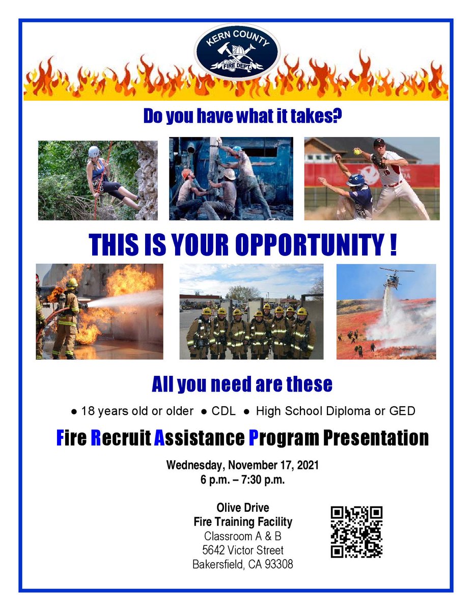 kerncountyfire's tweet image. Questions on what it might take to become a Firefighter for Kern County Fire Department? *Come see us this Wednesday to get some of your burning questions answered (Pun intended😆). See flyer below for details. 
#kerncountyfiredepartment
#firefighterrecruits
#FRAP