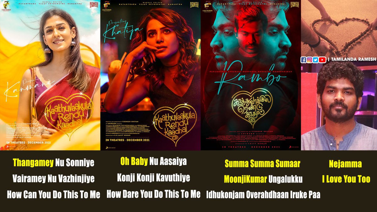 tamilandaramesh's tweet photo. Decoding #KaathuVaakulaRenduKaadhal Poster!
#RAMBO | #Khatija | #Kanmani
@VigneshShivN @VijaySethuOffl
#Nayanthara @Samanthaprabhu2
@anirudhofficial @sreekar_prasad
@srkathiir @KVijayKartik @7screenstudio
@Rowdy_Pictures
#KRKFL #KRKFirstLooks #tamilandaramesh https://t.co/ZZw5R63mUX