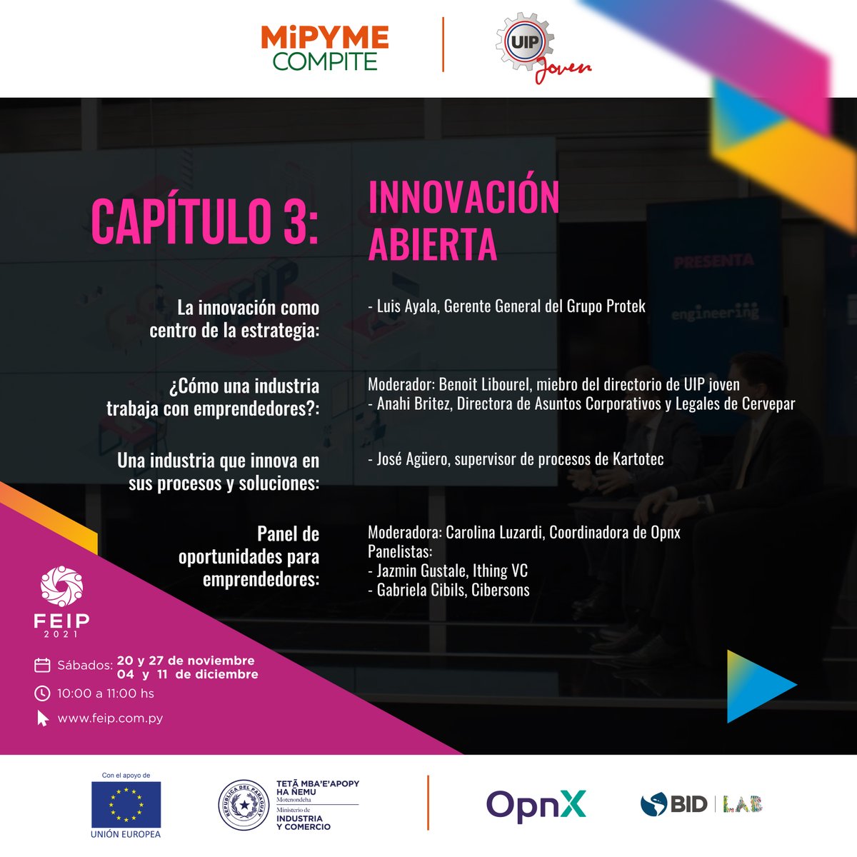 UIPjoven's tweet photo. 4⃣sábados de mucho aprendizaje, con técnicas, consejos y experiencias de emprendedores💪
Seguí la transmisión:
🔸@5diasPY
🔸@Unicanal
🔸@SomosGEN
🔸@ParaguayTVHD
🔸Facebook Live
🔸Youtube
📲Regístrate https://t.co/Quweb01X3Y
#FEIP2021 #MiPYMECOMPITE
#UEenParaguay #UIPJoven https://t.co/1XeFpkR16Q