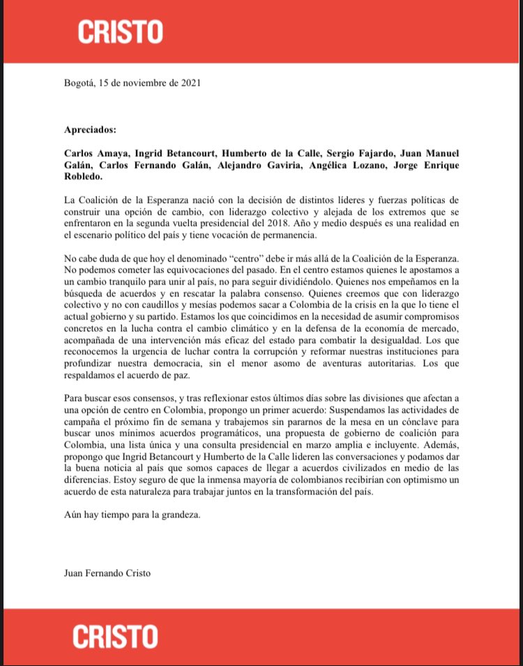 CristoBustos's tweet photo. Propongo a @CarlosAmayaR @IBetancourtCol @DeLaCalleHum @sergio_fajardo @juanmanuelgalan @agaviriau @AngelicaLozanoC @JERobledo @CarlosFGalan que suspendamos las campañas el próximo fin de semana y hacer un cónclave para la consolidación de una verdadera apuesta de centro. Hilo https://t.co/hJGAHFCarB