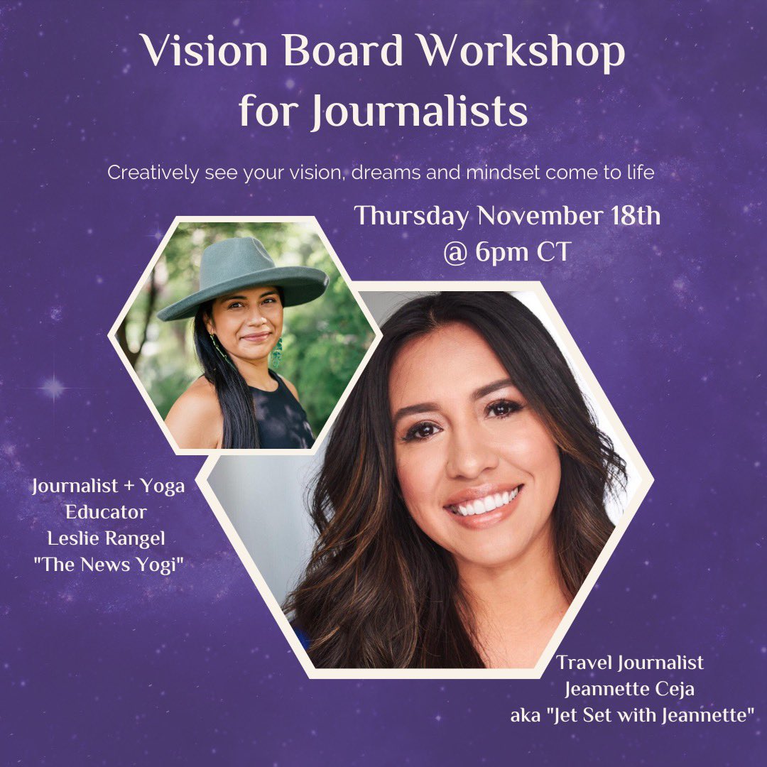Calling all #journalists and #visionaries! 📆 This Thursday, I am co-hosting a #Visionboard workshop with Leslie Rangel from @thenewsyogi. She’s an award-winning journalist, morning news anchor, and a yoga educator. 

Join us for this virtual event! ✨
thenewsyogi.kartra.com/page/VisionBoa…