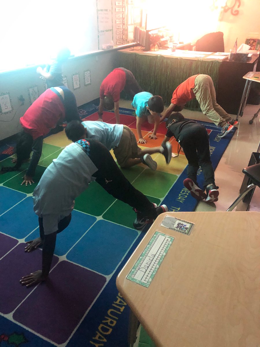 MsVolk3's tweet photo. Guess who joined us today for yoga?! We love when Mr. B comes to visit! Thanks for resetting and recharging with us! #PLEgators @MrB_PLE https://t.co/VI7wckSTts