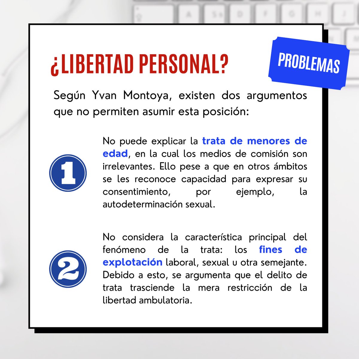AC_IterCriminis's tweet photo. [INFOGRAFÍA]

¿Cuál es el bien jurídico protegido por el delito de trata de personas? ¿La libertad personal? ¿La dignidad? 

📍En la presente infografía, se responde a estas interrogantes.

#DerechoPenal #PUCP #Delitos #TratadePersonas
#CódigoPenal #LexCerta https://t.co/avwsdlhR1x