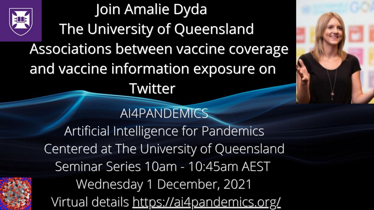 Time: 10:00am - 10:45am AEST
When: Wednesday 1 December 2021
Looking forward to Amalie's talk, 'Associations between vaccine coverage and vaccine information exposure on Twitter' <a href="/IDNET7/">ID Net</a>