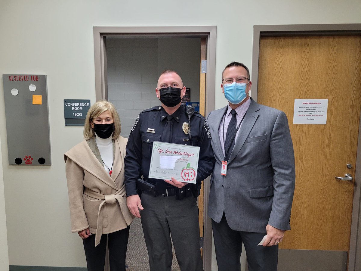 Congratulations to Officer Wolschleger on becoming a  <a href="/GBCSBobcats/">GrandBlancSchools</a> Apple Award Winner!  He has been the School Resource Officer at West for 15 years, building meaningful relationships with students &amp; staff.  #Community #SchoolResourceOfficer