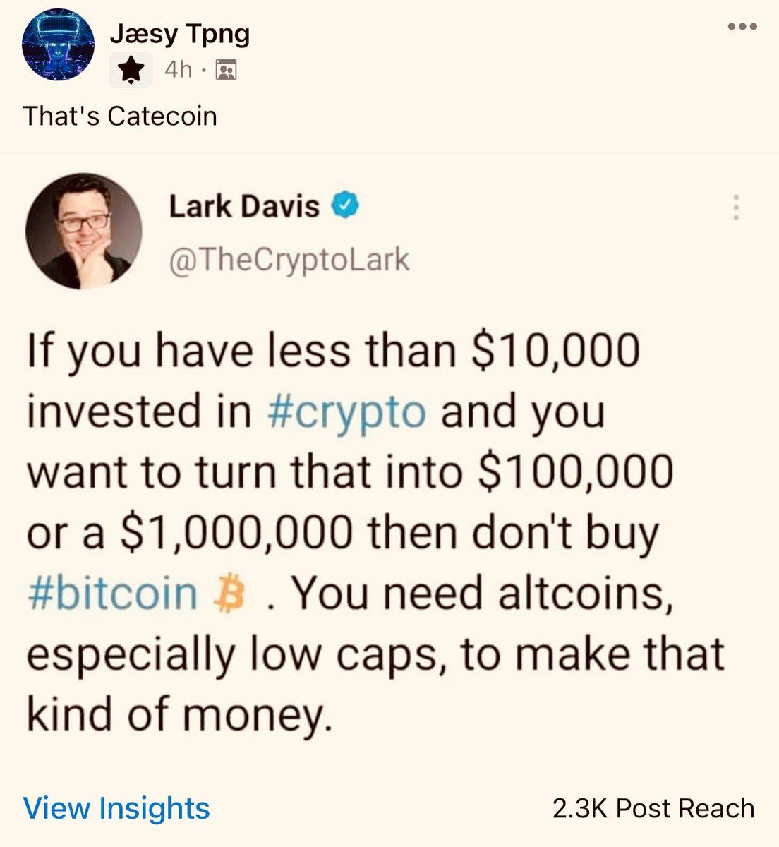 Trader4lyf's tweet image. #catecoin

This Lark Davis tweet is exactly why I told you not to sell your #cate for #BMON 
Why not have both?

Thanks to the TAPPER who shared this. Sharing is caring 🙏🏽