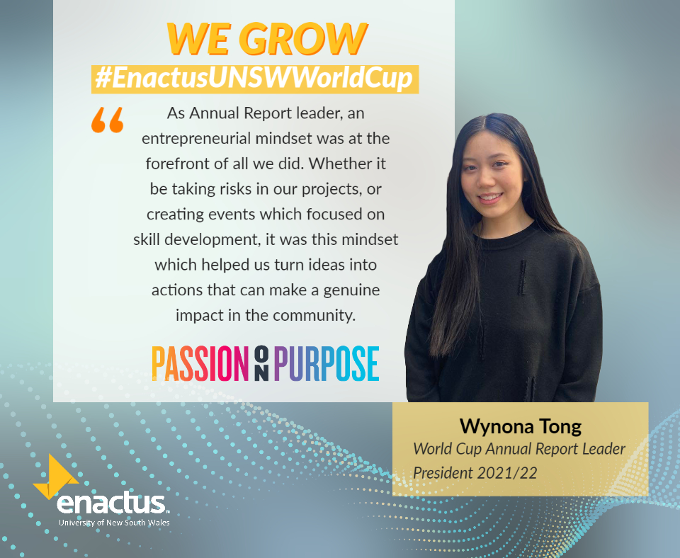 enactusunsw's tweet photo. Meet our World Cup Annual Report Leader - Wynona Tong. At the World Cup, WE GROW as a leader. Whether it be taking risks in our projects, or initiating professional programs, we have learnt to put entrepreneurship in action and grow together as leaders of tomorrow. https://t.co/r4gMECXbrX