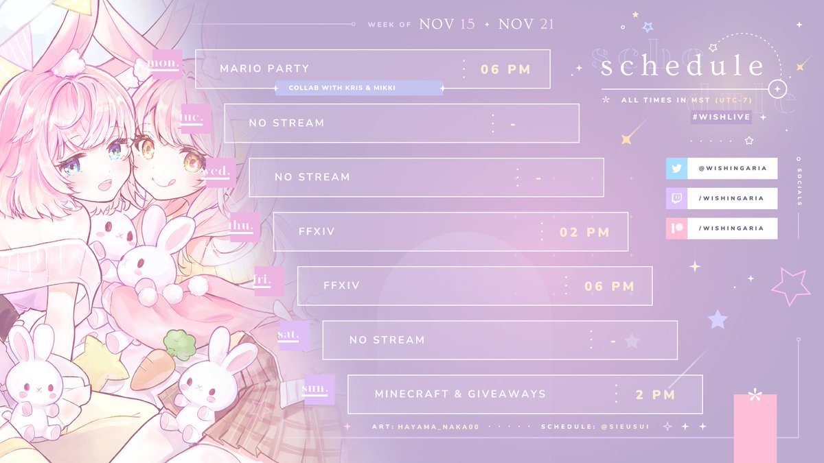 WishingAria's tweet photo. Stream Schedule ✨ #wishlive
haha what if I posted my schedule 2 mins before collab-
anyway

Mon ✧ Mario Party collab w @/HardlyKris &amp; @/bukiyos 
Fri ✧ ffxiv relics or something
Sun ✧ Minecraft server opening &amp; some giveaways~ https://t.co/DMBNZjberA