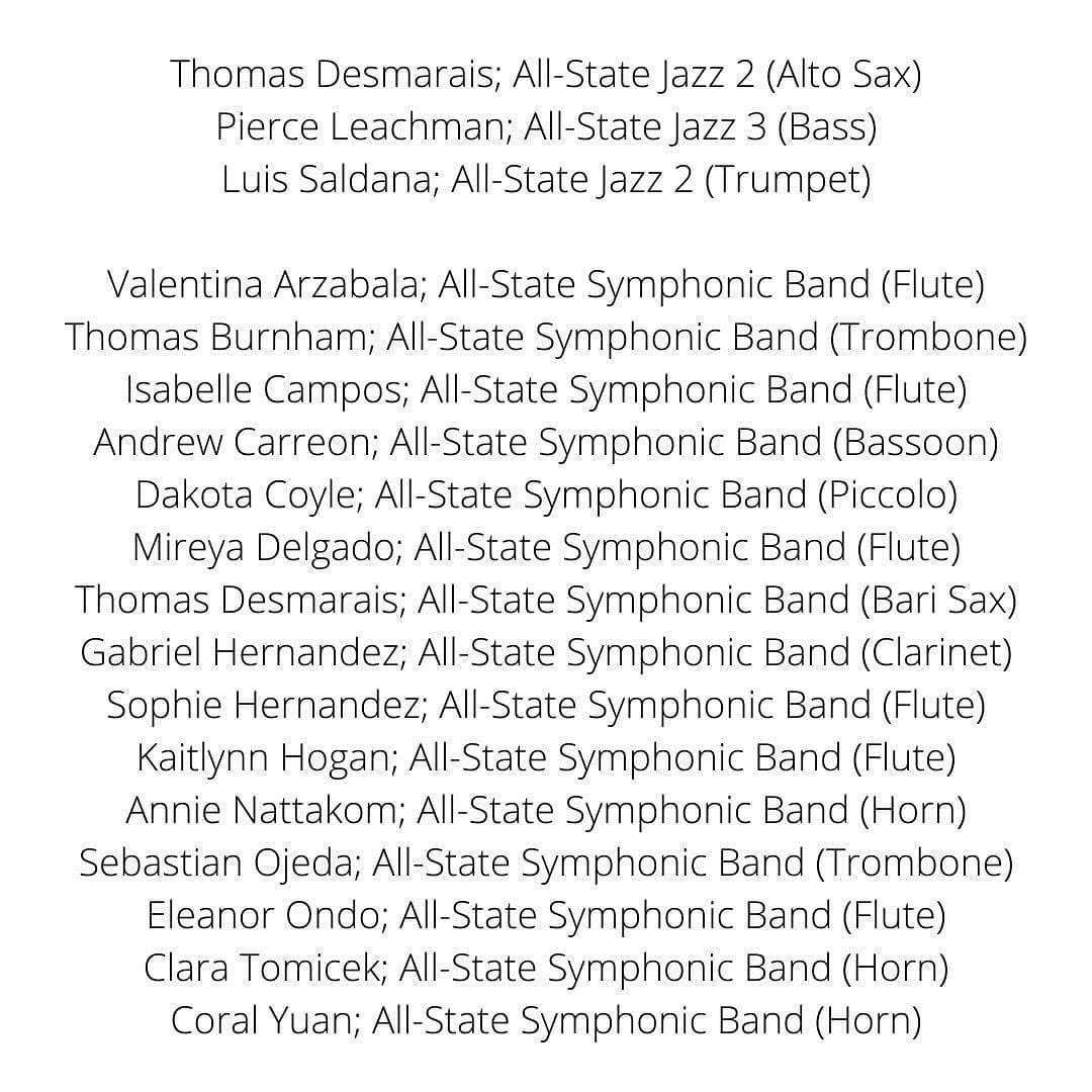 Congrats! Thank you to the students for their hard work, private lesson teachers Katie Tomicek and Bailey Frietze (Flute), Amanda Poland (Clarinet), Kristen Major (Horn), and Ralph Cena (Trombone) for their valuable teaching, and the parents for their continuous support!