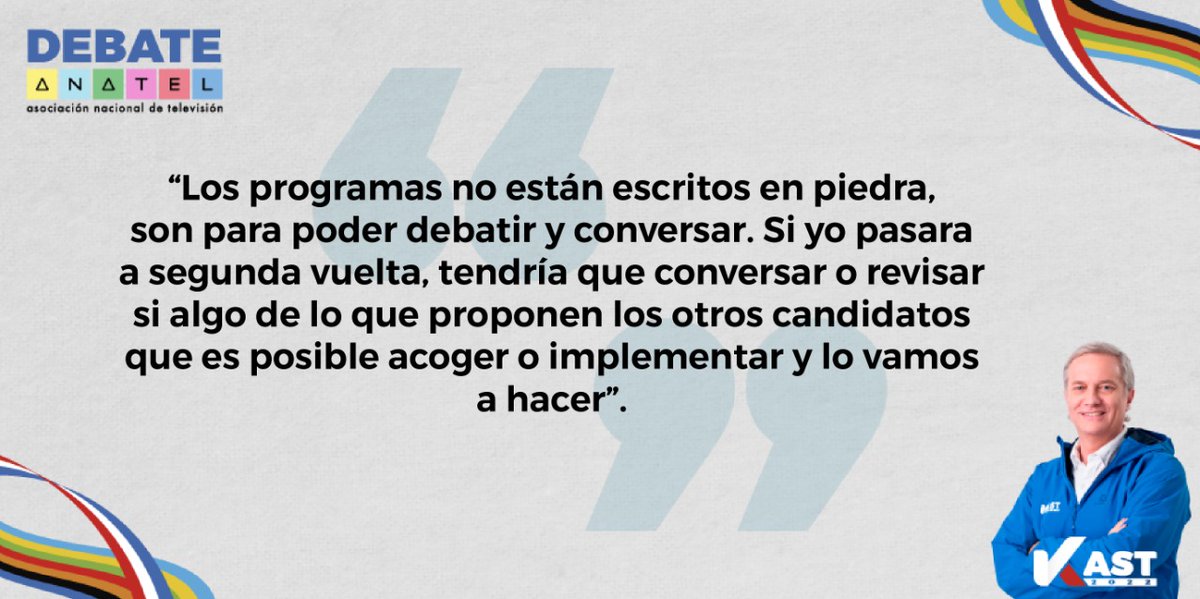OPE_Chile's tweet photo. #ChileVotaKast
Kast en Anatel: “Los programas no están escritos en piedra, son para poder debatir y conversar. Si yo pasara a segunda vuelta, tendría que conversar o revisar si algo de lo que proponen los otros candidatos que es posible acoger o implementar y lo vamos a hacer”. https://t.co/gRMRNRcW29