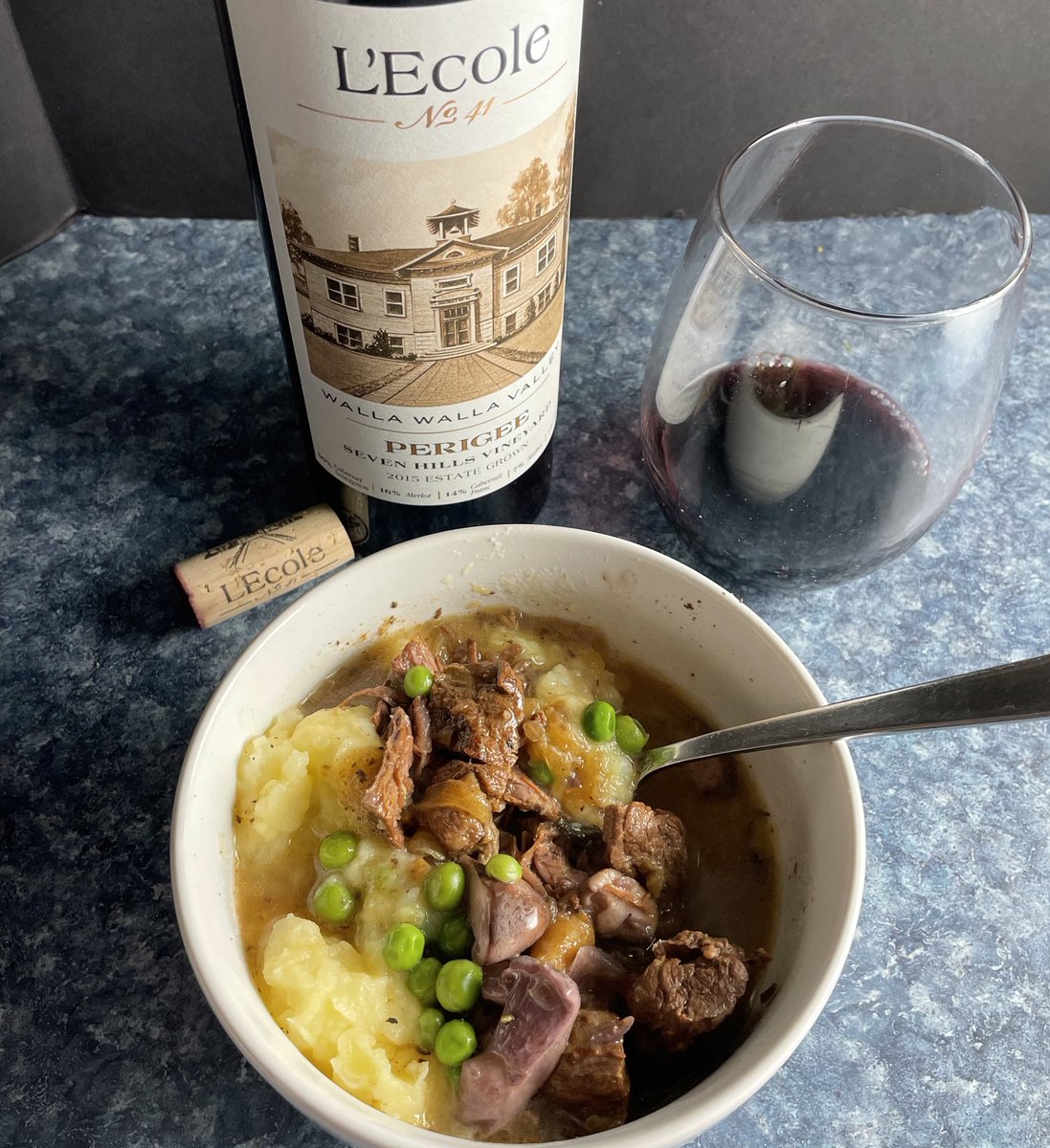 Fun chatting with the <a href="/lecole41/">L'Ecole No 41</a> team and owner Marty Clubb along with fellow #wine bloggers tonight! Here’s my version of beef stew, topped with shiitake mushrooms, along with the 2015 Perigee. I would say this Bordeaux style blend is drinking perfectly now! #wawine #winelovers