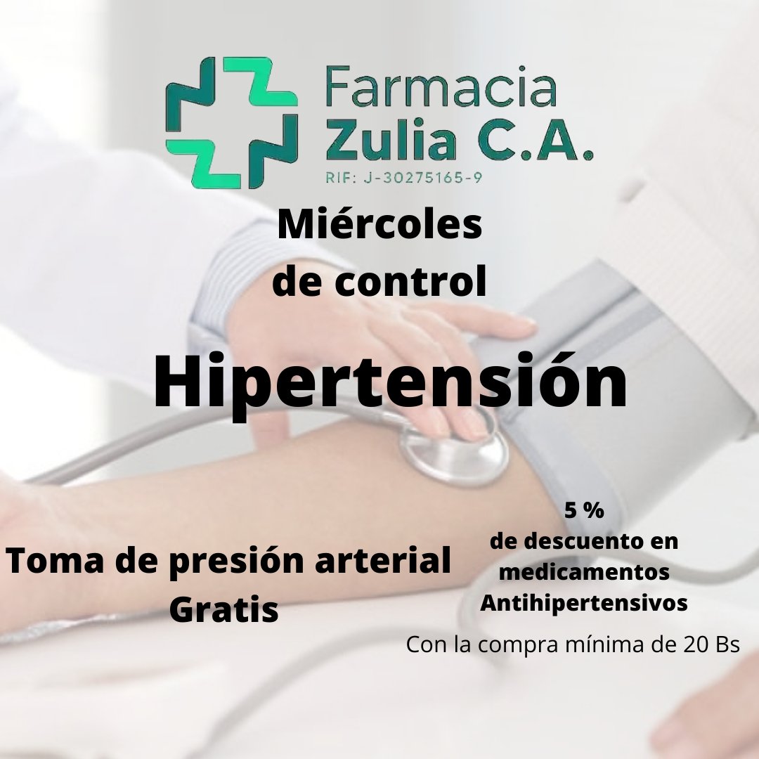 Miércoles de control HIPERTENSIÓN estaremos tomando la presión arterial (Gratis) y si compra si medicamento antipeetensivo le daremos un 5 % de descuento #