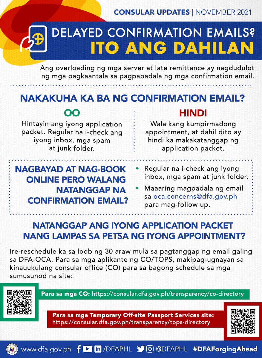 DFAPHL's tweet photo. #ConsularAdvisory: Got concerns on DFA-OCA’s Passport Appointment Booking and email confirmation? Check out this infographic, for more information. You may also read the advisory here👉🏻https://t.co/B4sM8TuXC0 https://t.co/xgYrt7l43u