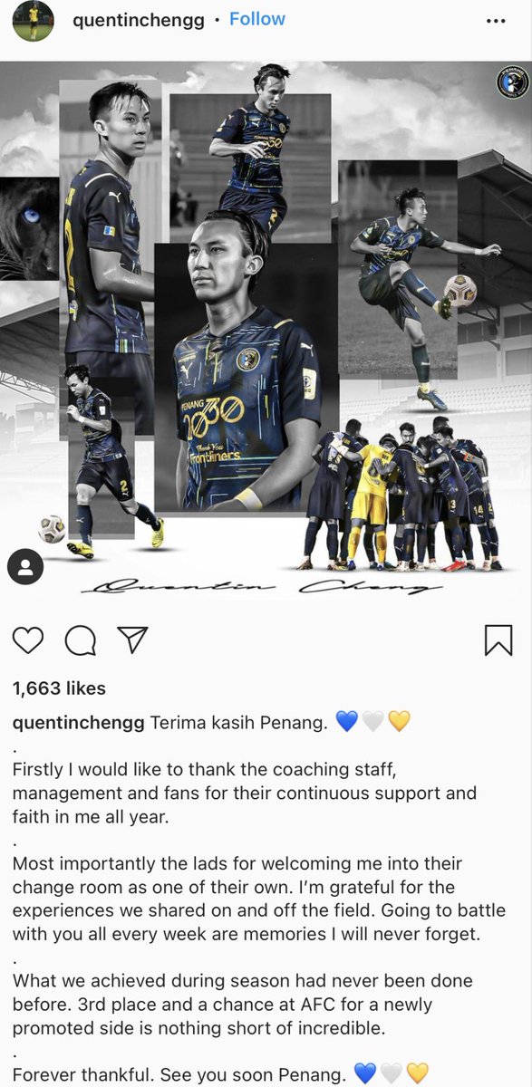 OFFICIAL: Quentin Cheng will not stay with Penang FC for next season as his loan has ended. Thank you Q and all the best! 
#HariaPenangHaria