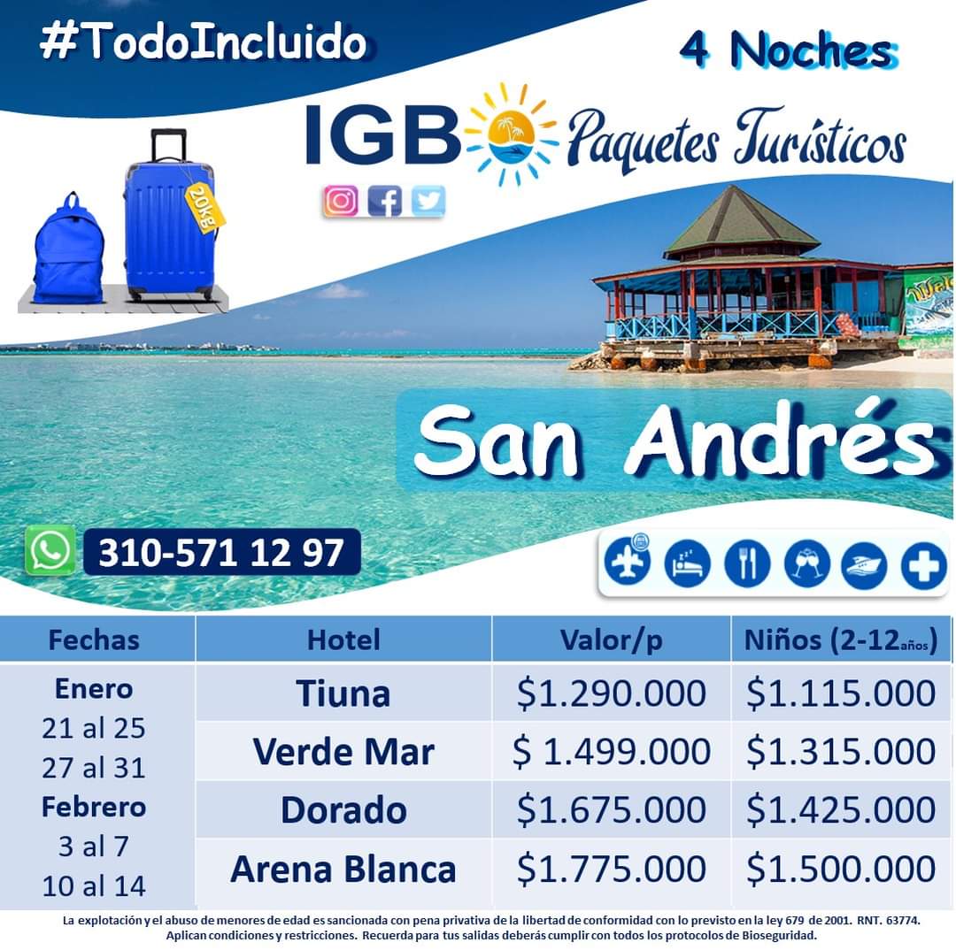 Ortografía Coordinar Alrededor IGB Paquetes Turisticos Twitterren: "🏝San Andrés #TodoIncluido 2022🍹  ⁉️Mayor Información Whats App 📲👉🏻 CLICK AQUÍ 👉🏻  https://t.co/oD9A3mEXu7 ‼️ ‍💁‍♀️o llámanos al 📲3105711297 ‼️-  igbviajes@gmail.com 🏖Siempre atentos, siempre brindándote ...