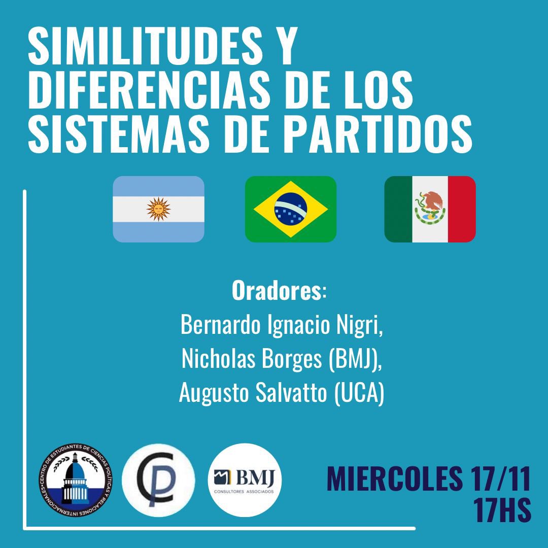 📌Estudiantes! 
Los invitamos a participar de un encuentro sobre Sistemas de Partidos Comparados de AMLAT, 🇦🇷, 🇧🇷y 🇲🇽, de mano de <a href="/BMJconsultoria/">BMJ Consultores Associados</a> 
Contaremos con la presencia del profesor @asalvatto que expondrá sobre 🇦🇷

📆Miercoles 17/11 a las 17:00hs

chat.whatsapp.com/FT1rMWrI48H1hc…