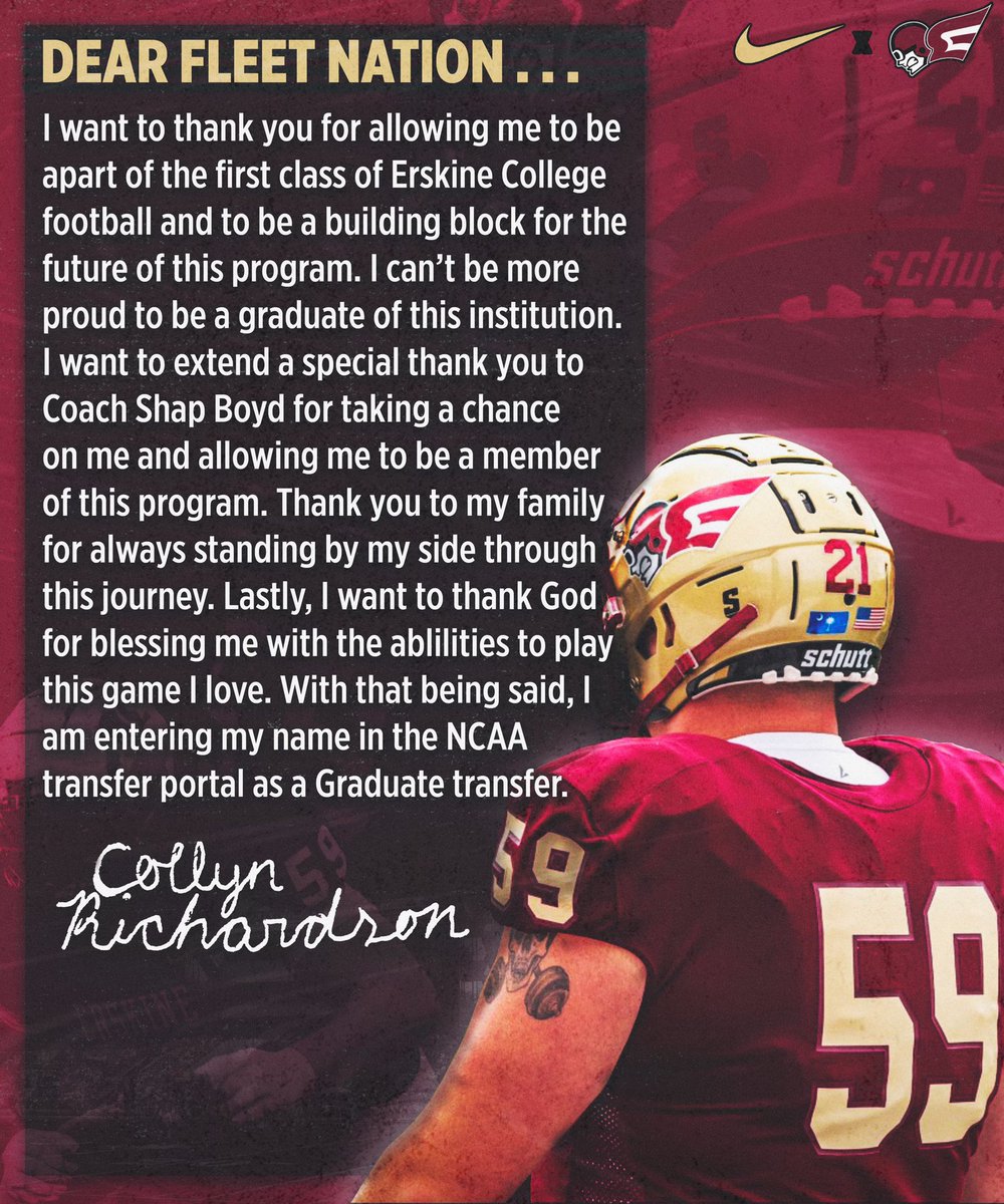 Can’t thank <a href="/FleetFB/">Erskine Football</a> and <a href="/shapboyd/">Shap Boyd</a> enough for the last three years. Over 500 snaps played at left guard. Apart of the fastest offense in the country (2020). 4th in first downs (2020). 14th pass yards per game. Two time recipient D2ADA academic award. Tape in bio. <a href="/RivalsPortal/">resting</a>