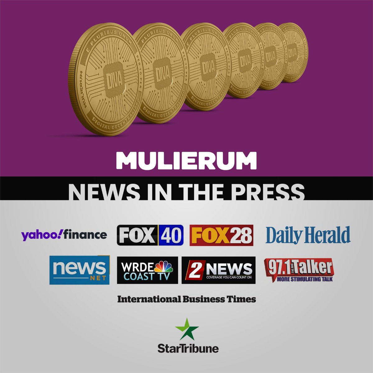 MulierumProject's tweet photo. Mulierum News published in the USA press... 

#mulierum #Divatoken #cryptonews  #fox40 #fox28 #dailyherald  #newsnet #wrdecoasttv #971bigtalker #yahoofinance #startribune https://t.co/khJteJFKXX