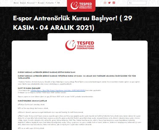 TesfedA's tweet photo. Türkiye E-Spor Federasyonu (TESFED), 2021 yılında ikinci kez gerçekleştirilecek “Birinci Kademe Yardımcı Antrenör Uygulamalı Eğitim Kursu”nun 29 Kasım – 4 Aralık 2021 tarihlerinde açılacağını duyurdu. Katılım koşulları ve detaylar için… https://t.co/7Bws5Es9pc https://t.co/dxji2XWUmn