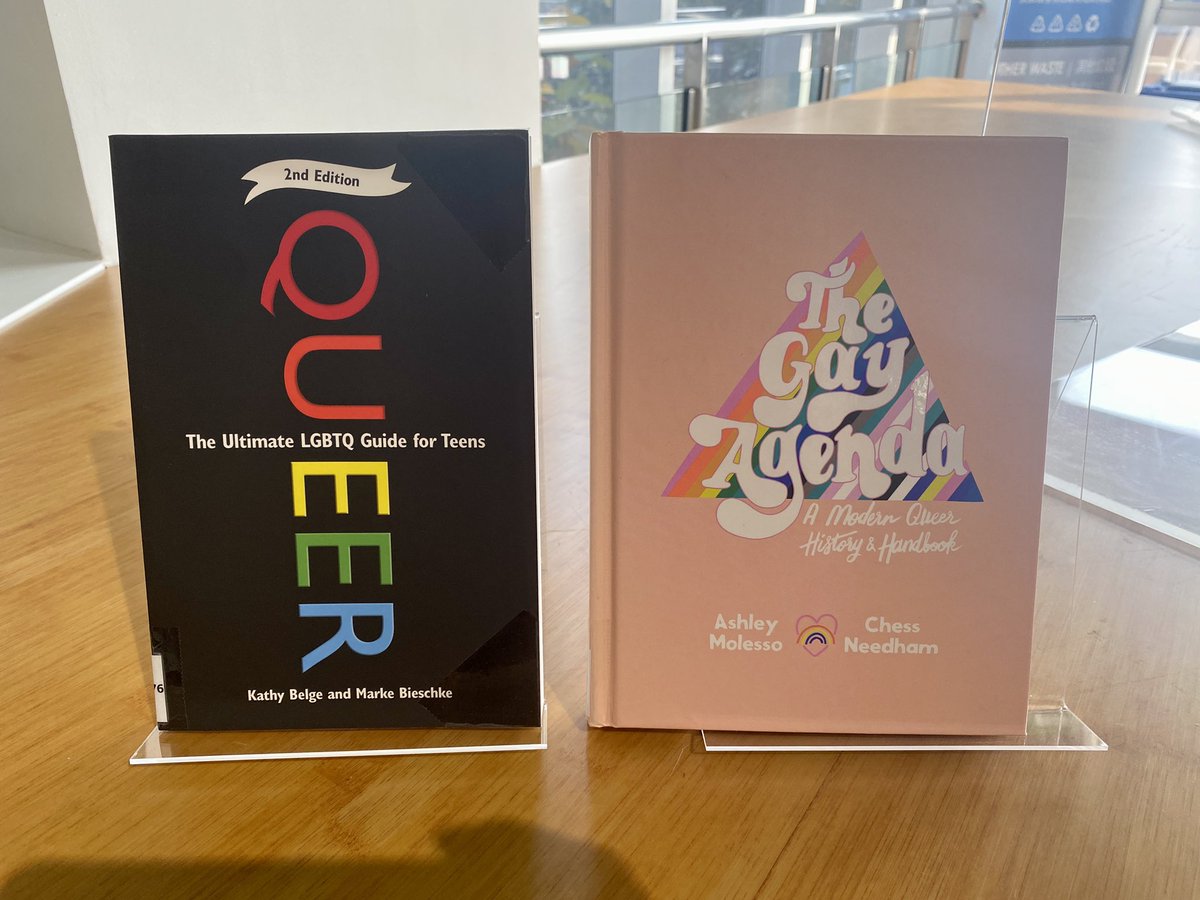 klbeasley's tweet photo. 🏳️⚧️🏳️🌈 Our awesome library staff are supporting Spectrum’s 10th Annual Pride Week by featuring books with queer themes for their Library display in the HS at @WAB_LIVE #allyed @tricia_fried Have you read these titles? #tlchat #intlchat https://t.co/uFBbBNjE4M