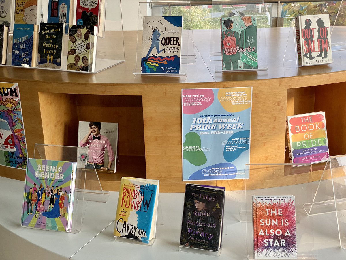 klbeasley's tweet photo. 🏳️⚧️🏳️🌈 Our awesome library staff are supporting Spectrum’s 10th Annual Pride Week by featuring books with queer themes for their Library display in the HS at @WAB_LIVE #allyed @tricia_fried Have you read these titles? #tlchat #intlchat https://t.co/uFBbBNjE4M