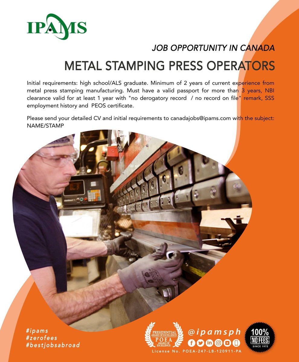 ipamsph's tweet photo. #Canada needs METAL STAMPING PRESS OPERATORS for a 50-year old custom metal parts manufacturing services company.
#nofeestobecollected #IPAMS #notoscammers #Canadajobs https://t.co/soYMidAN7K
