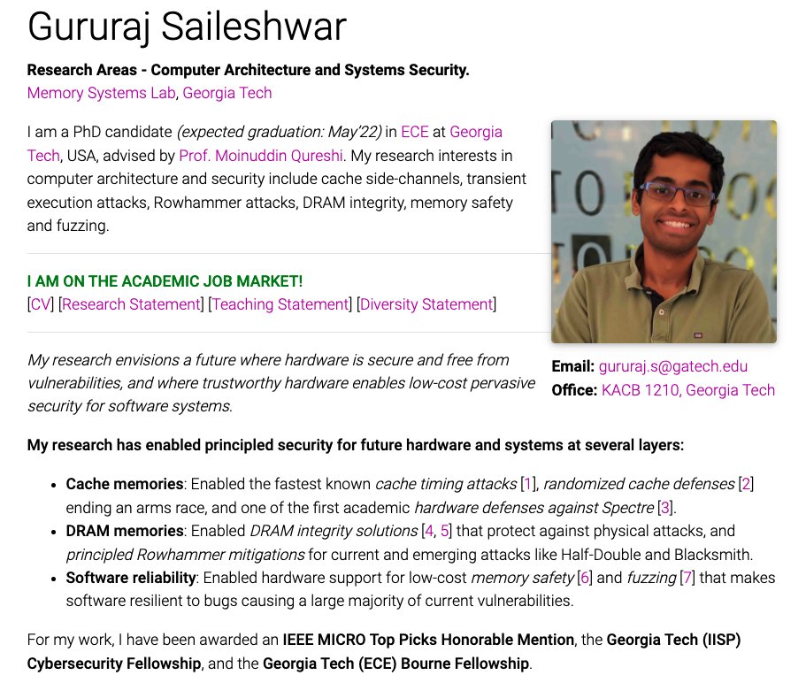 I am on the 𝐀𝐜𝐚𝐝𝐞𝐦𝐢𝐜 𝐉𝐨𝐛 𝐌𝐚𝐫𝐤𝐞𝐭 in **Computer-Architecture &amp; Security**. Please DM/Email if you think I am a good fit &amp; watch out for my app.
𝐇𝐨𝐦𝐞𝐩𝐚𝐠𝐞: gururaj-s.github.io
𝐂𝐕: gururaj-s.github.io/packet/cv.gs.p…
𝐑𝐞𝐬𝐞𝐚𝐫𝐜𝐡𝐒𝐭𝐦𝐭: gururaj-s.github.io/packet/researc…