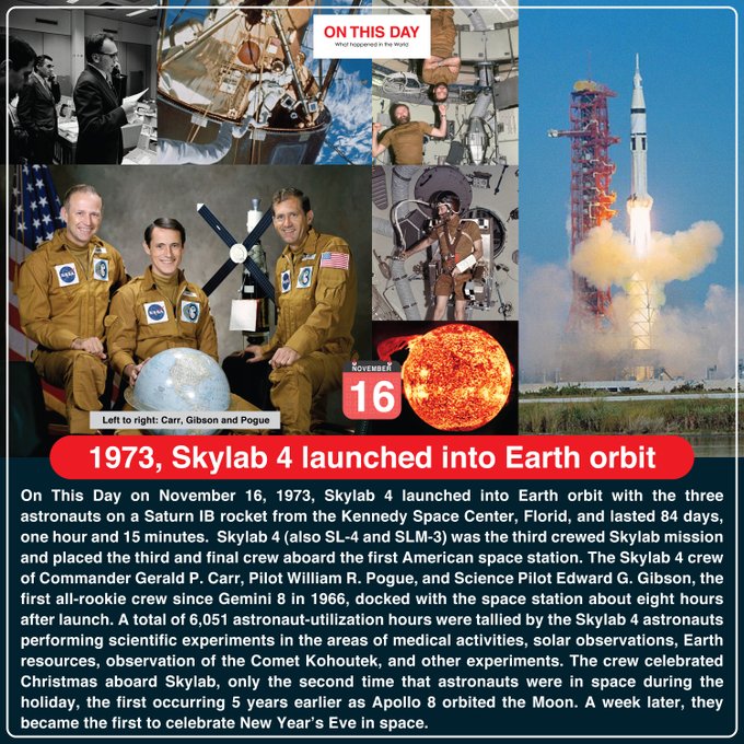 On This Day on November 16, 1973, Skylab 4 launched into Earth orbit with the three astronauts on a Saturn IB rocket from the Kennedy Space Center, Florid, and lasted 84 days, one hour and 15 minutes. Skylab 4 (also SL-4 and SLM-3) was the third crewed Skylab mission and placed the third and final crew aboard the first American space station. The Skylab 4 crew of Commander Gerald P. Carr, Pilot William R. Pogue, and Science Pilot Edward G. Gibson, the first all-rookie crew since Gemini 8 in 1966, docked with the space station about eight hours after launch. A total of 6,051 astronaut-utilization hours were tallied by the Skylab 4 astronauts performing scientific experiments in the areas of medical activities, solar observations, Earth resources, observation of the Comet Kohoutek, and other experiments. The crew celebrated Christmas aboard Skylab, only the second time that astronauts were in space during the holiday, the first occurring 5 years earlier as Apollo 8 orbited the Moon.