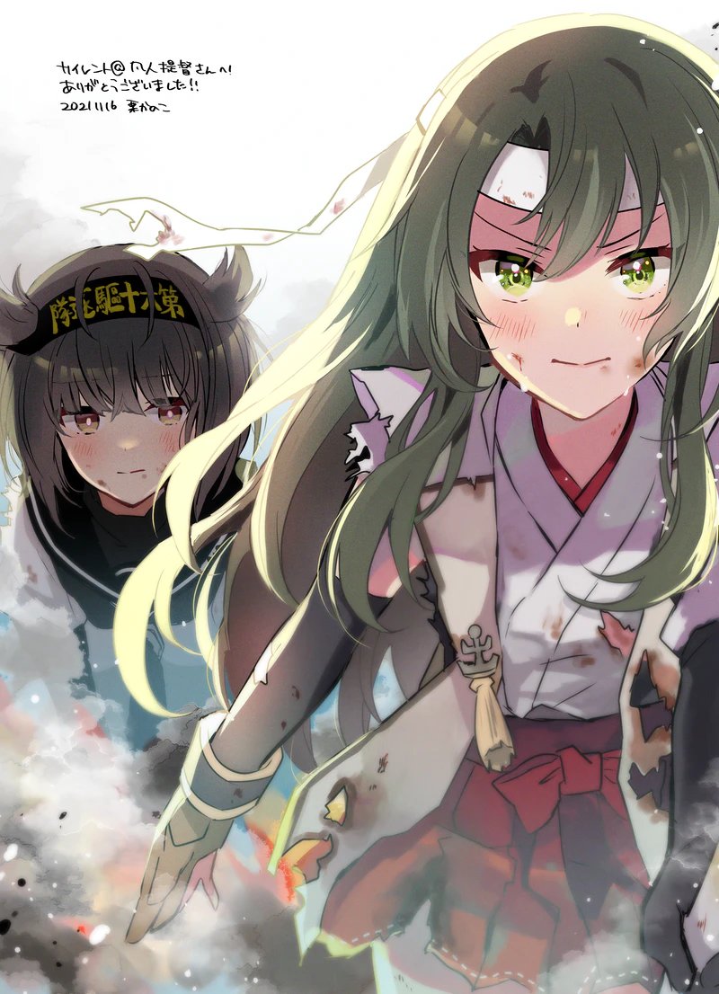 hatsuzuki (kancolle) ,zuikaku (kancolle) multiple girls 2girls long hair headband green eyes japanese clothes green hair  illustration images
