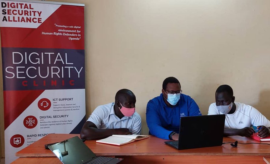 Digital security Alliance assisting staff of @SolidarityUg during digital security clinic to reinforce the capacity of human rights defenders in Uganda against cyber attackers and online threats.