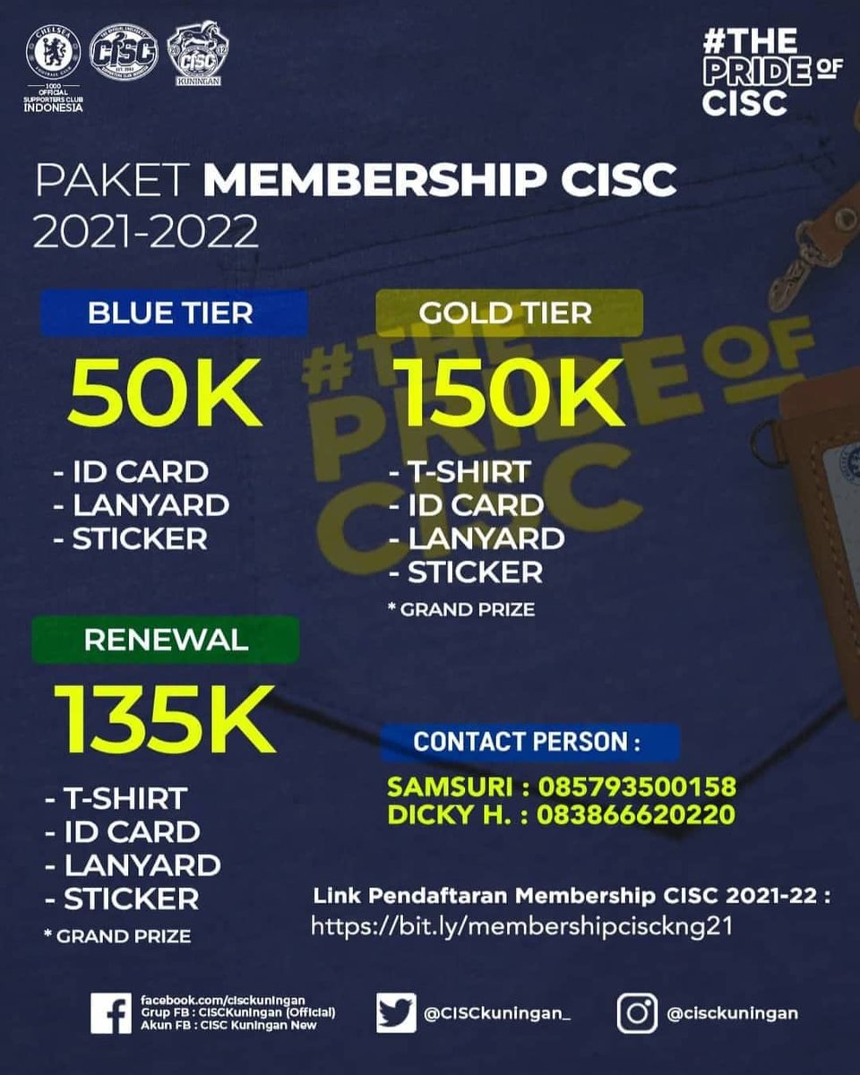 CISCkuningan_'s tweet photo. 5 HARI LAGI MENJELANG PENUTUPAN PENDAFTARAN MEMBERSHIP CISC TAHUN 2021-2022
.
Yuk, buat yang belum Daftar Membership CISC tahun ini buruan jangan sampai ketinggalan iya
#ThisIsCISC #ChelseaIndo #ThePrideOfCISC #CISCKuningan #CISCKNG #CISCMembership2021 https://t.co/M0DpKG7Uhd