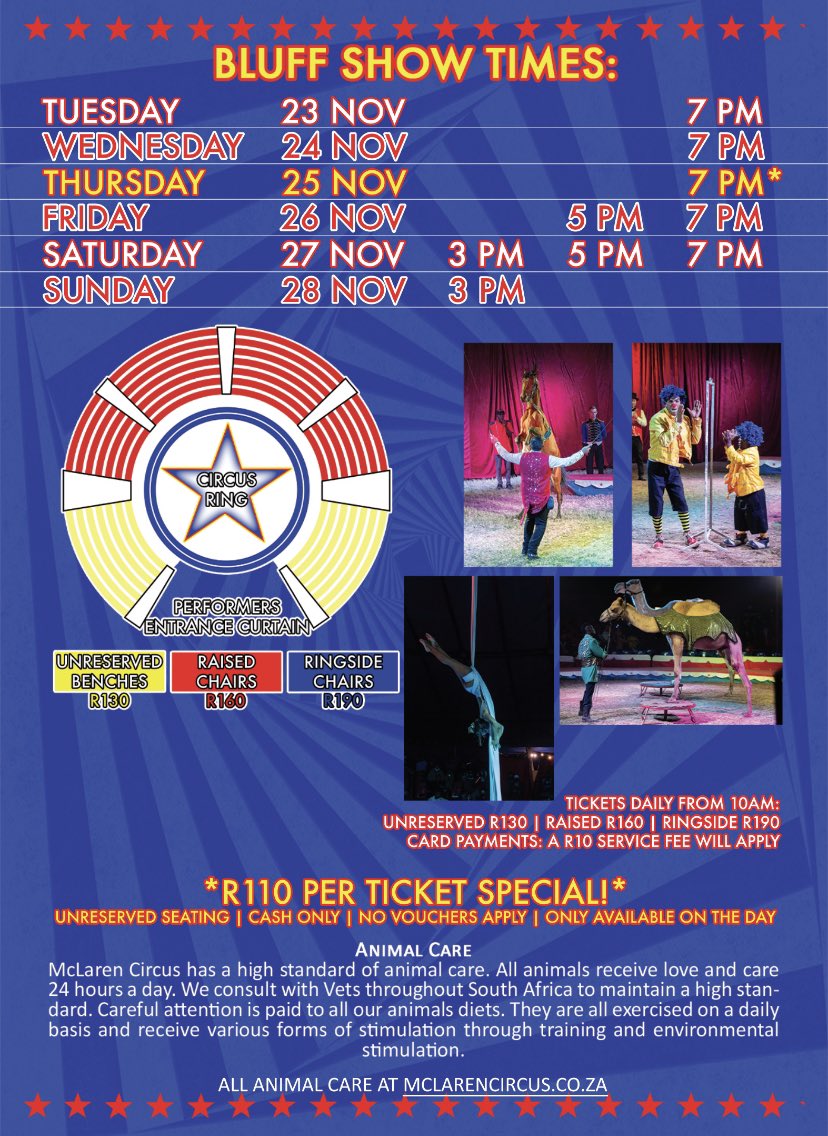DenzilMclaren's tweet photo. Don't miss @mclarenscircus in #Durban at #TheBluff for a week from Tuesday 23 November
#Bellair #BrightonBeach #Bulwer #Congella #Clairwood #Isipingo #Jacobs #Mobeni #Musgrave  #Glenwood #Umbilo #Overport #eThekweni #kzn #kwazulunatal
Visit #SouthAfrica's No1 Travel Show 🤡😂🎪🐴 https://t.co/0IaAEtrQKJ