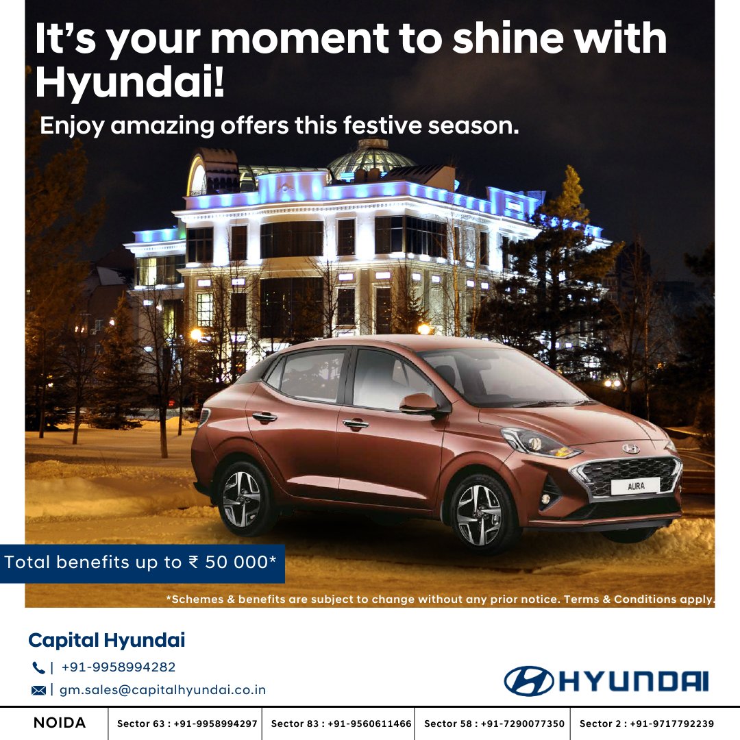 capital_hyundai's tweet photo. You are one step closer to experiencing the best with Hyundai!
Fall in love with the captivating good looks of Hyundai’s Aura and find your shine this festive season.
.
.
.
#Hyundai #HyundaiCars #HyundaiIndia #CapitalHyundai #NovemberOffers https://t.co/u1T3l8GNTZ