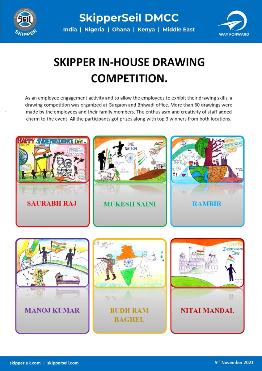 As an employee engagement activity and to allow the employees to exhibit their drawing skills, a Drawing Competition was organized at Gurgaon and Bhiwadi office.
#Skipper #skipperseil #Drawing #drawingchallenge