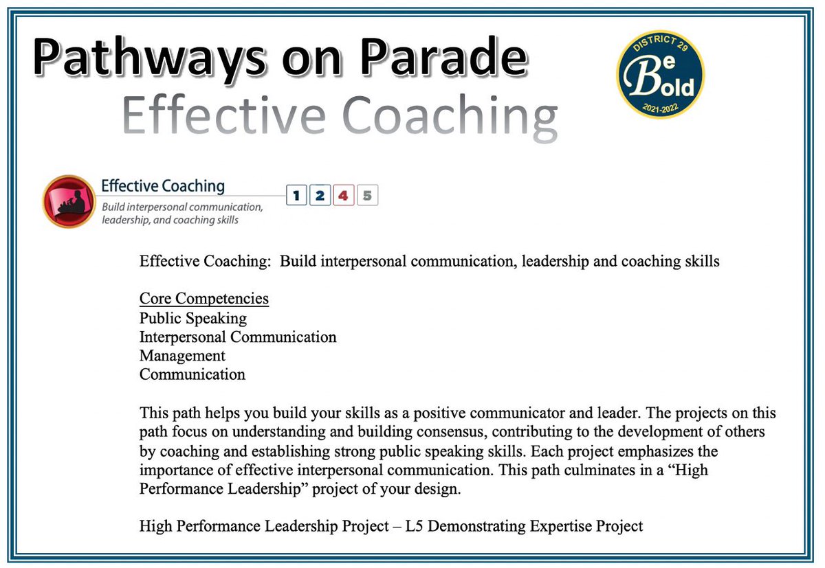 Introducing Pathways on Parade!
Join us each Monday as we showcase a Toastmasters International Path, complete with summary of Path, Core Competences &amp; High Performance Leadership Project or Elective disclosed. TODAY the Pathway on Parade is EFFECTIVE COACHING. Is this your Path?