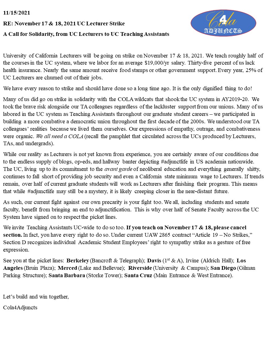 Cola4Adjuncts's tweet image. COLA4Adjuncts call for TA solidarity with the upcoming strike dates. Please circulate.