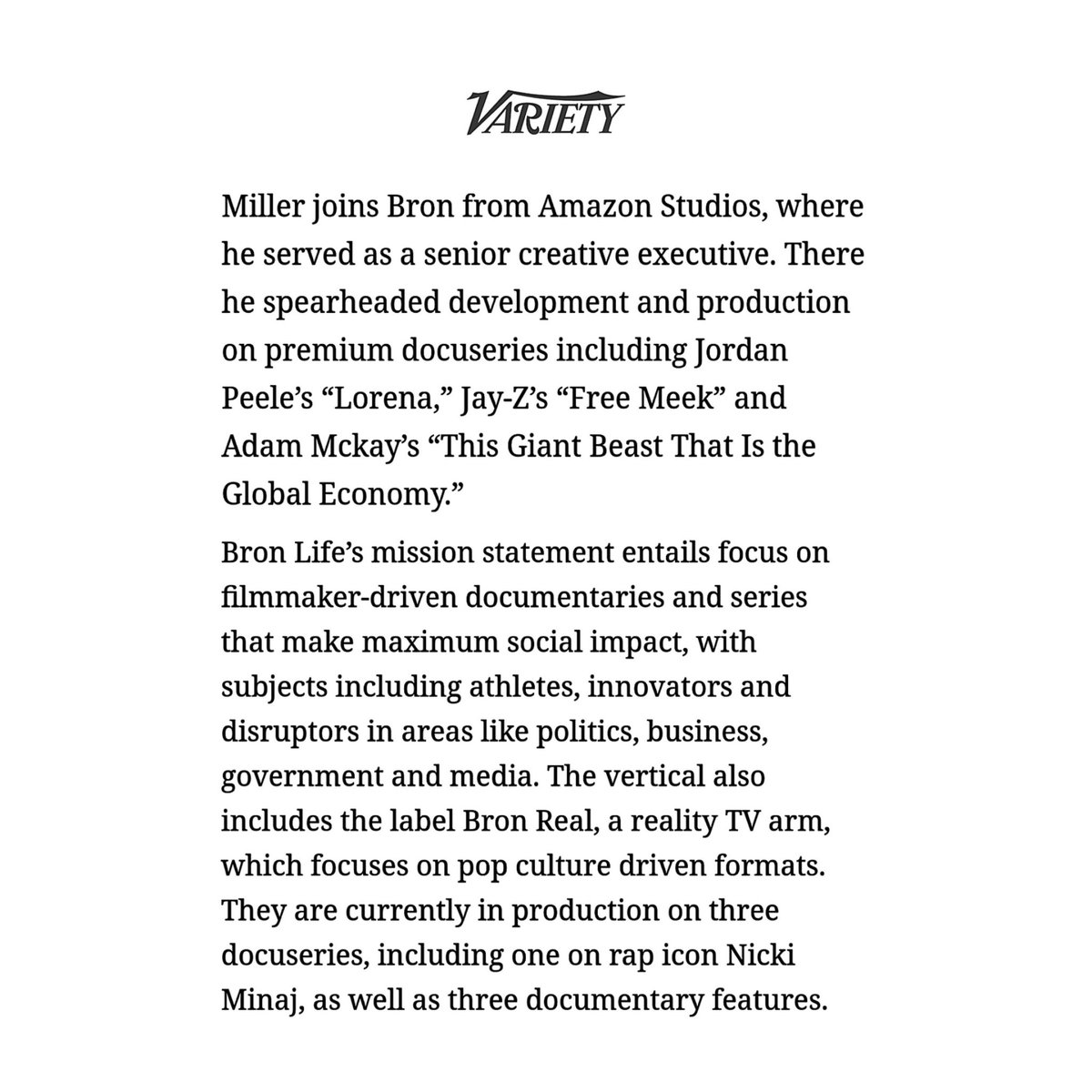NMSupportt's tweet photo. .@BronStudios has just named a new senior vice president to focus on filmmaker-driven documentaries and series that make maximum social impact, @Variety reports:

— “They are currently in production on three docuseries, including one on rap icon @NickiMinaj...” https://t.co/twU6cQpyyI