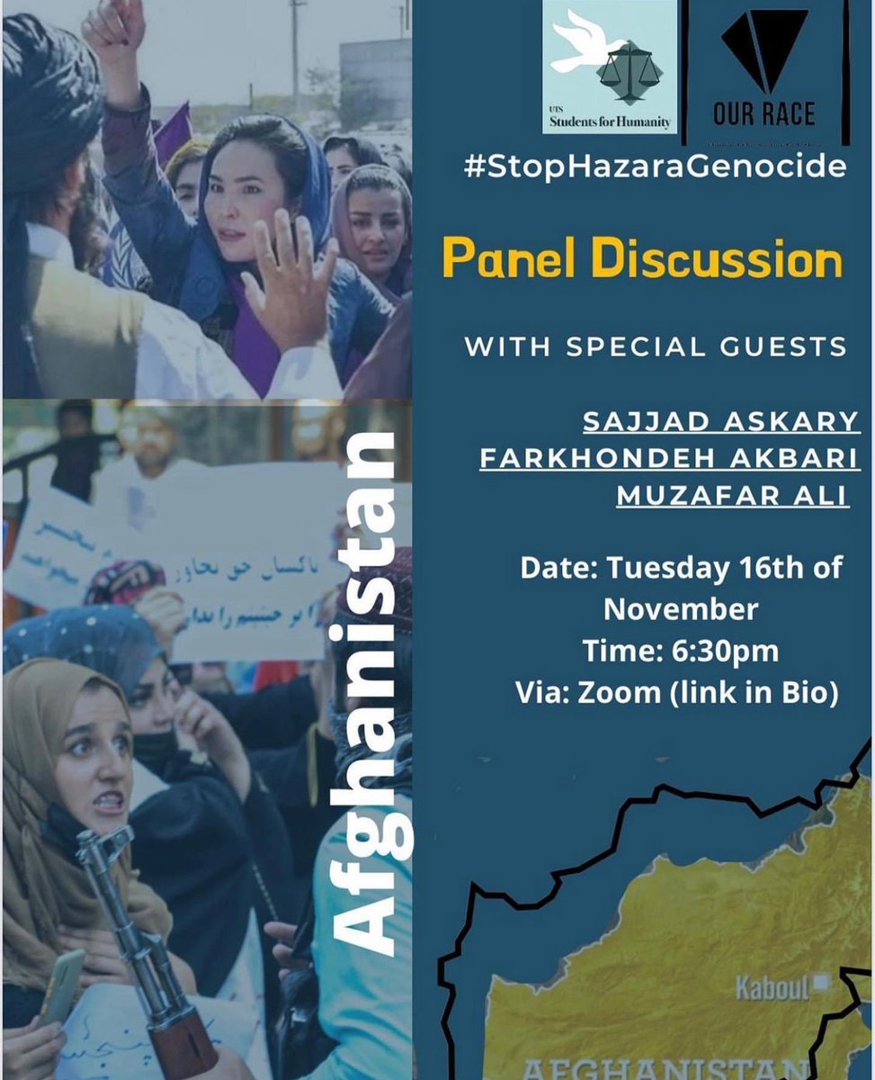 HumanRights4A's tweet photo. TONIGHT (16/11/21) at 6:30. 

While our govt processes NIL humanitarian visas, the crisis in #Afghanistan escalates, placing Hazaras/women/girls/children at extreme risk.

Hear from ppl who know what’s happening on the ground.

Register https://t.co/ml7tPe022L
#StopHazaraGenocide https://t.co/D3iVvTXaqE